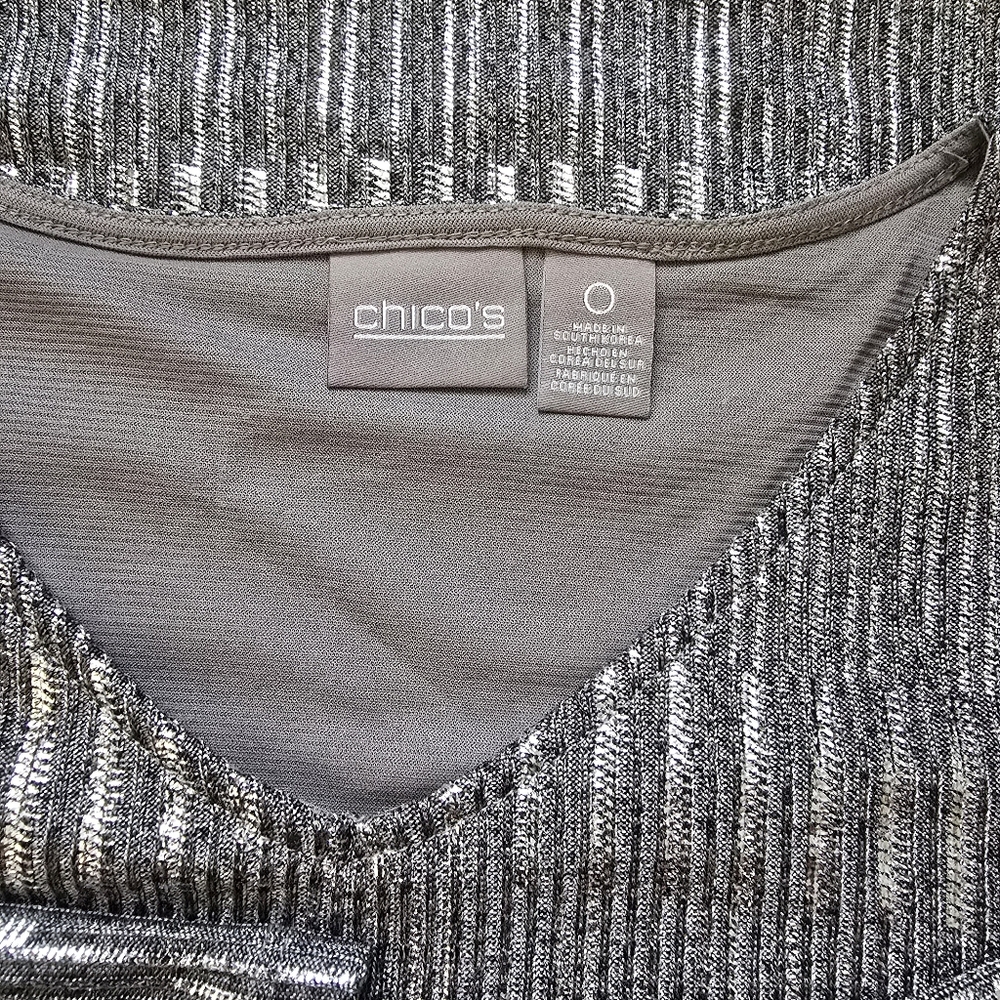 Chicos Silver Metallic V Neck Top, Size S